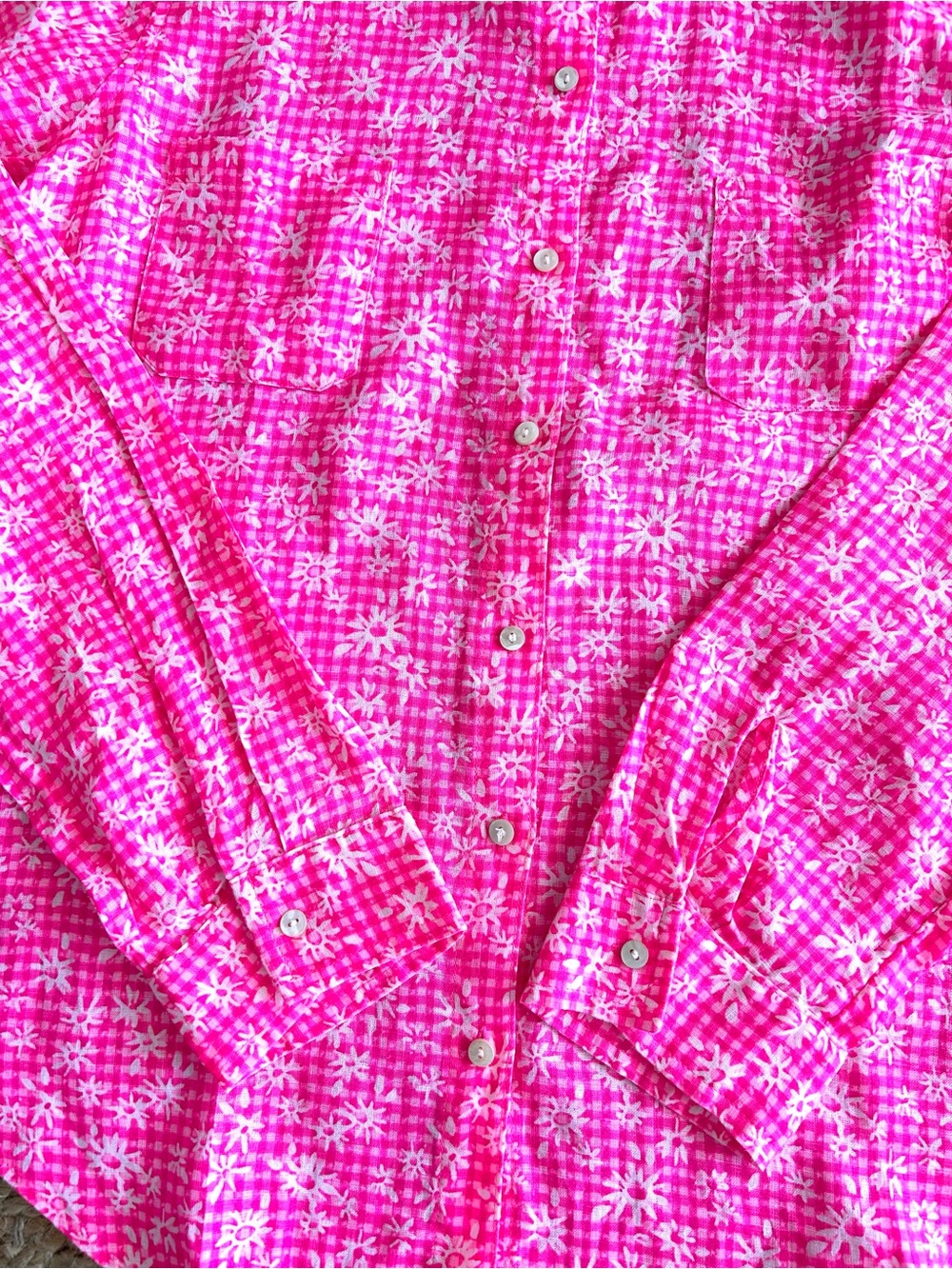 Lilly Pulitzer Sea View Linen Button Down Top Pink Check You Out - Picture 5 of 7